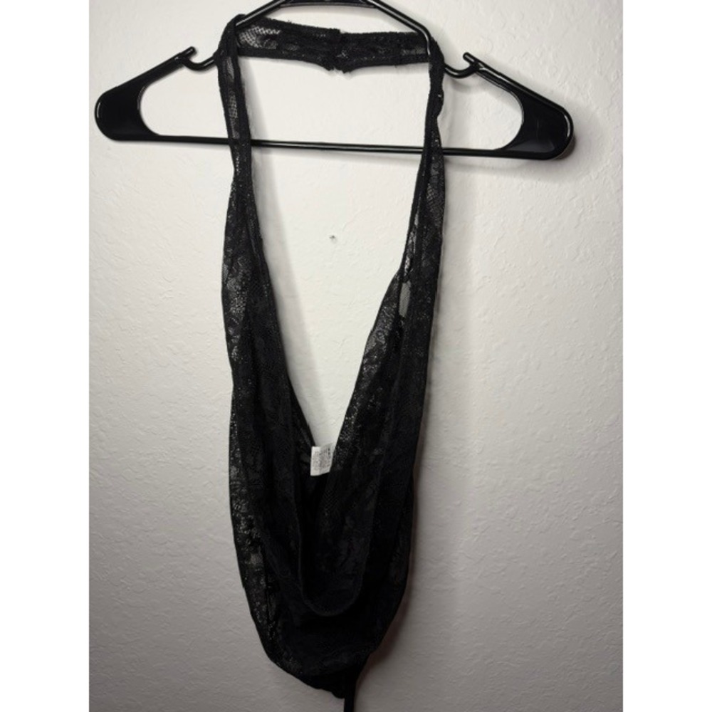 Black Sheer Floral Lace Deep V Halter Bodysuit with Back Bow S143D103 Size S